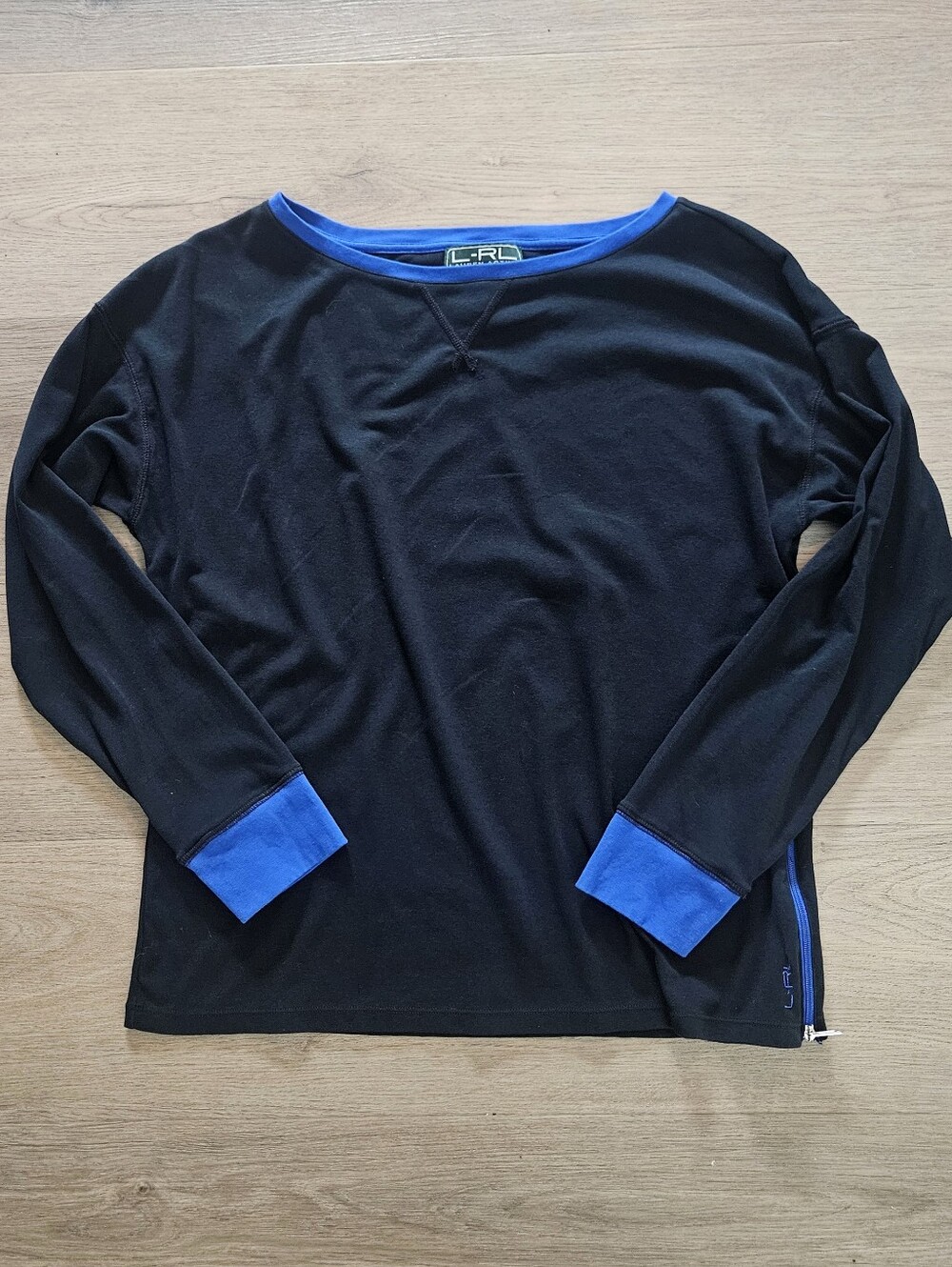 L-RL Ralph Lauren Active Y2K 2000s Soft Cotton Blend Black/Blue LS Tee Top L